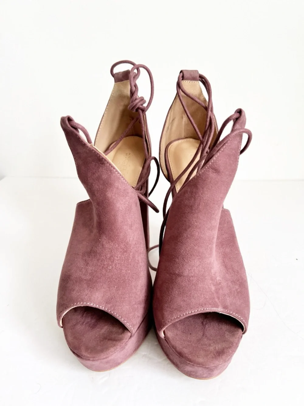 SZ 8 Violina Charlotte Russe Lace-Up Open Toe Platform Heels in Dusty Rose